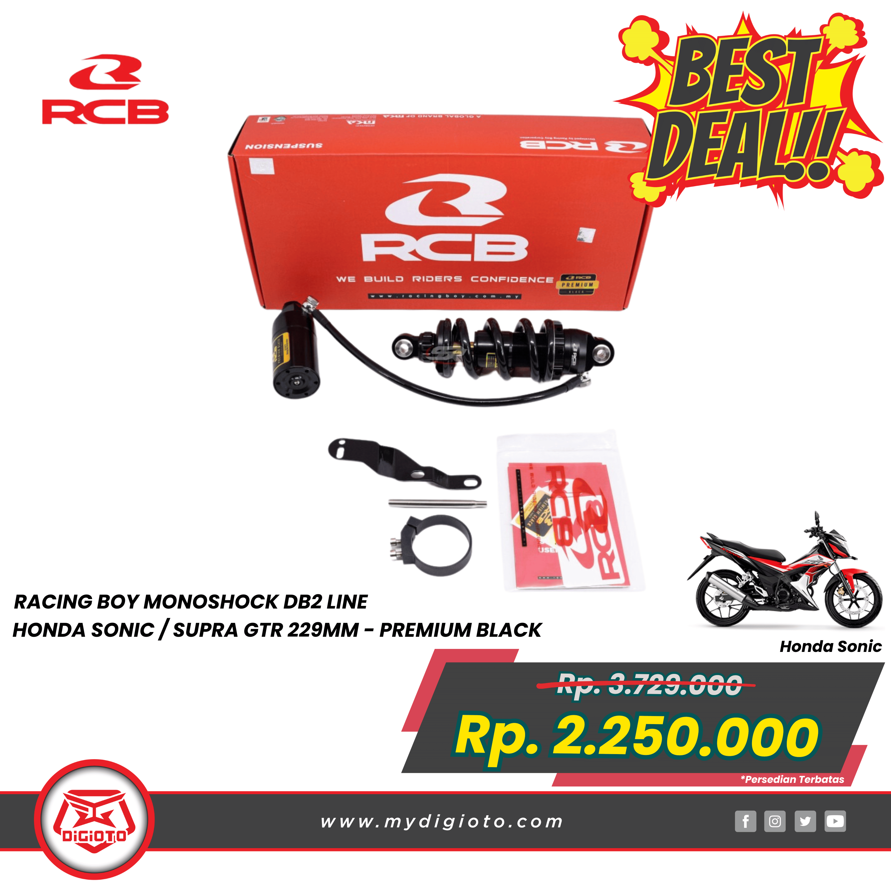 RACING BOY MONOSHOCK DB2 LINE HONDA SONIC SUPRA GTR 229MM PREMIUM BLACK RACING BOY MONOSHOCK DB2 LINE HONDA SONIC SUPRA GTR 229MM PREMIUM BLACK