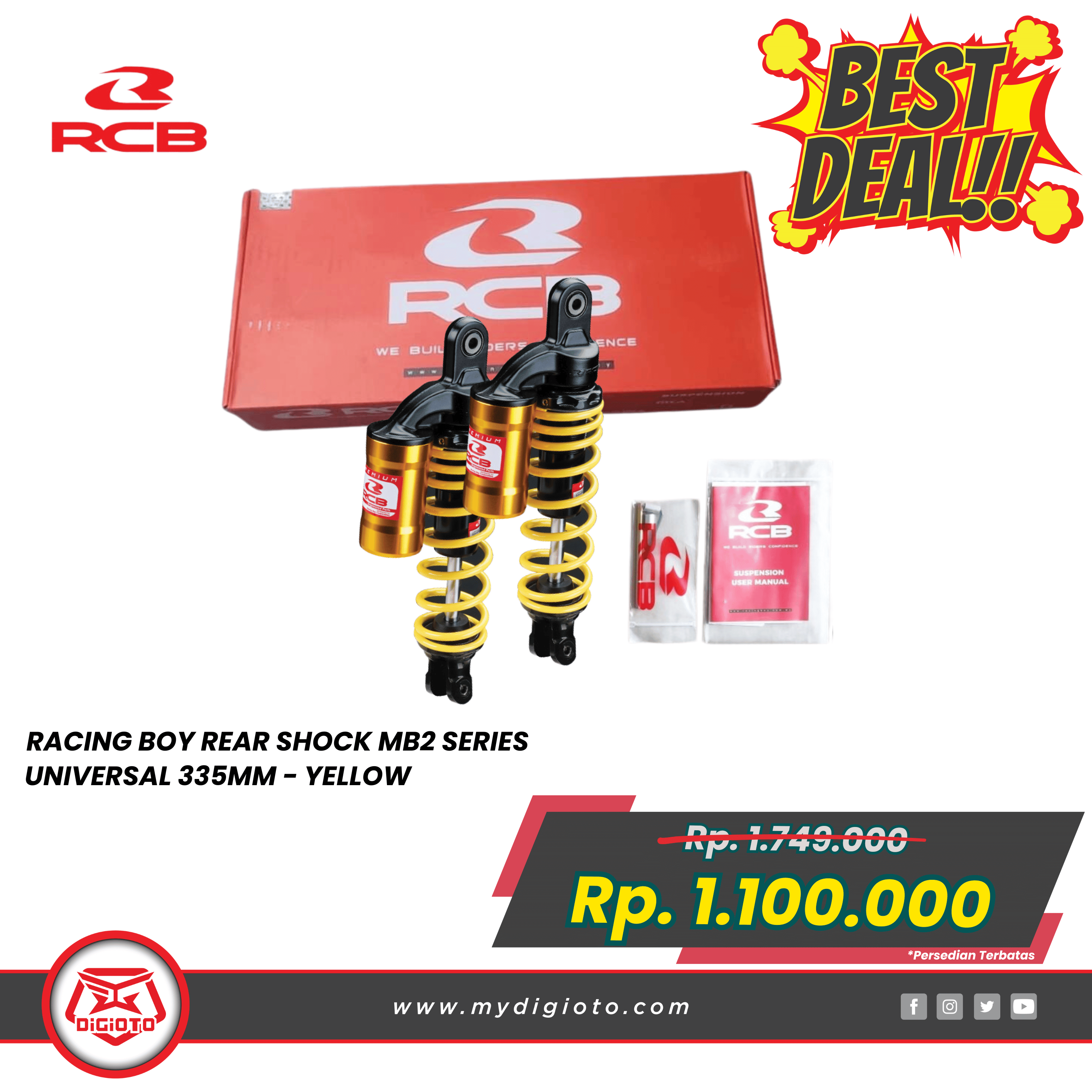 RACING BOY REAR SHOCK MB2 SERIES UNIVERSAL 335MM YELLOW RACING BOY REAR SHOCK MB2 SERIES UNIVERSAL 335MM YELLOW