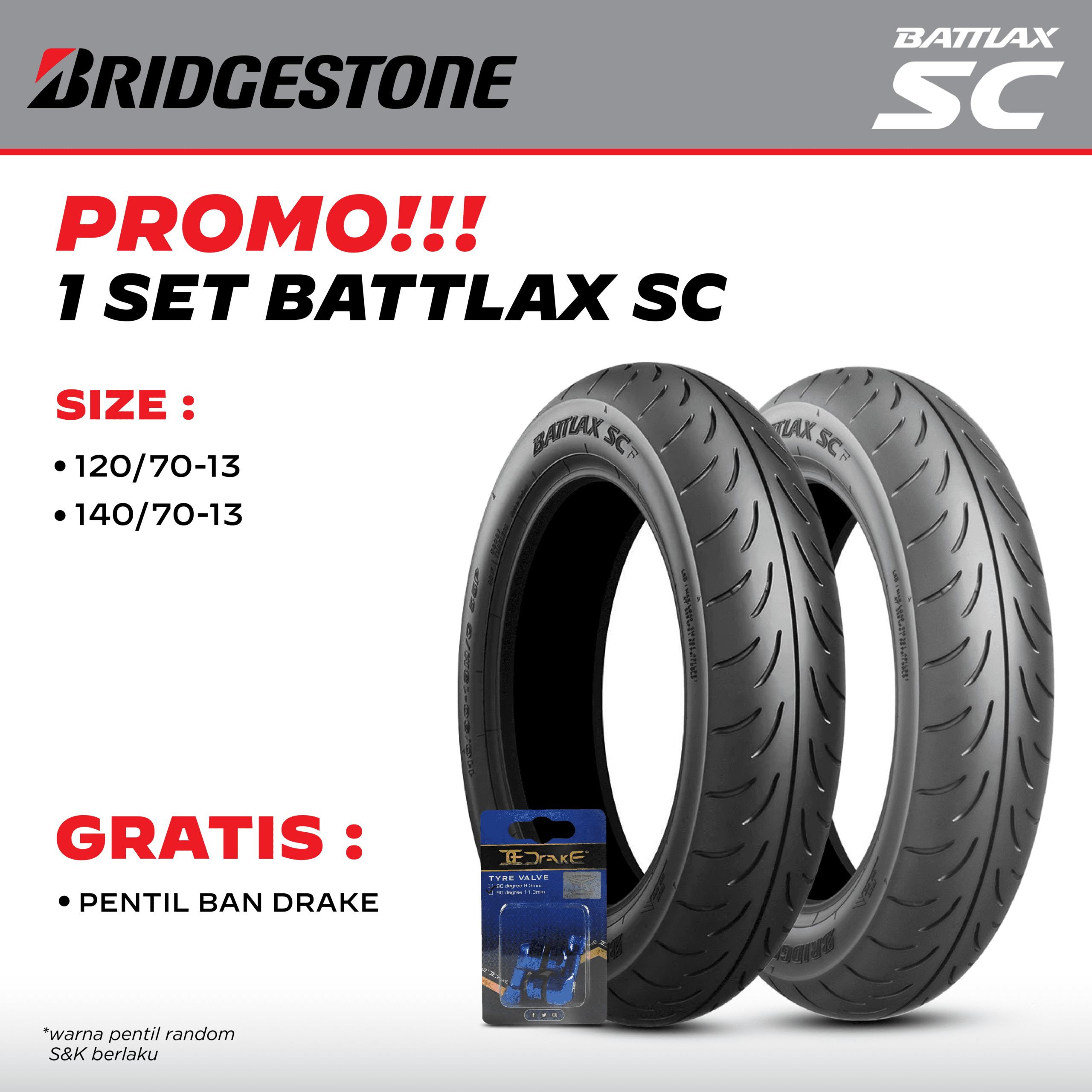 PROMO_BATLAX-04 Bridgestone Battlax SC Set Depan Belakang Ban Motor Yamaha Nmax Upsize 120/70-13 & 140/70-13 Front Rear - Gambar 1